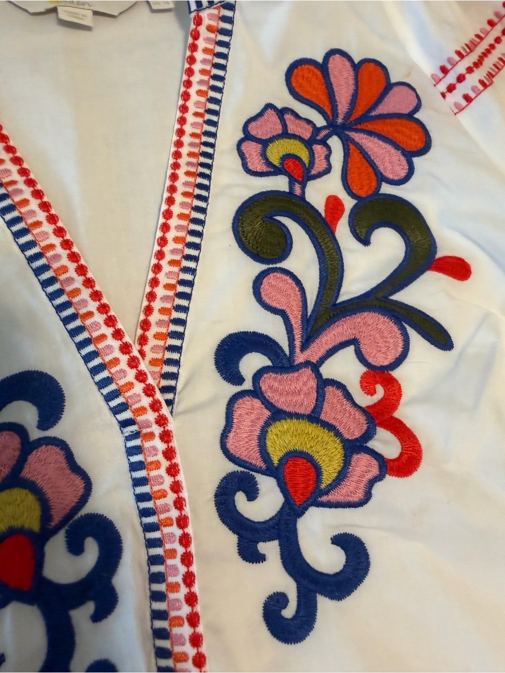 Boden White Embroidered V-Neck Boho Top with Orange & Navy Floral Accents, 12 - Picture 2 of 7